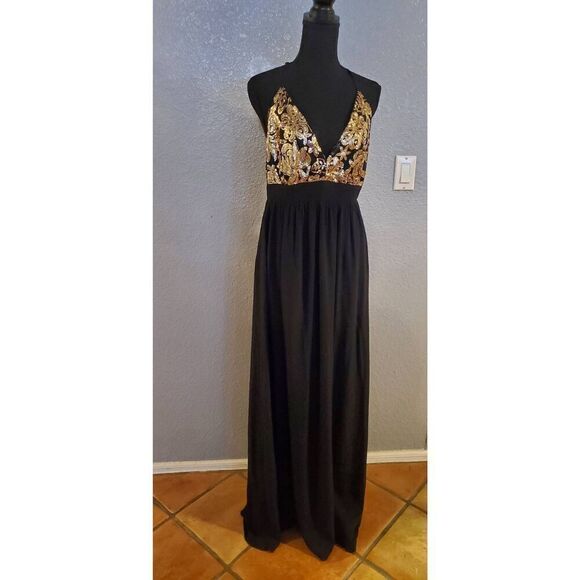 Lovers + Friends Good As Gold Black & Gold Sequin Open Back Maxi Dress Women’s M - Picture 2 of 16